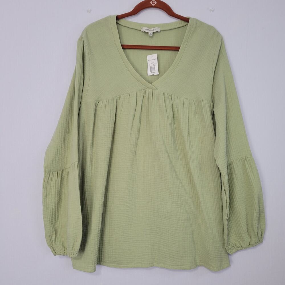 Astrologie Long Sleeve V-neck Gauzy Top size XL Green Earthy Cotton Boho New